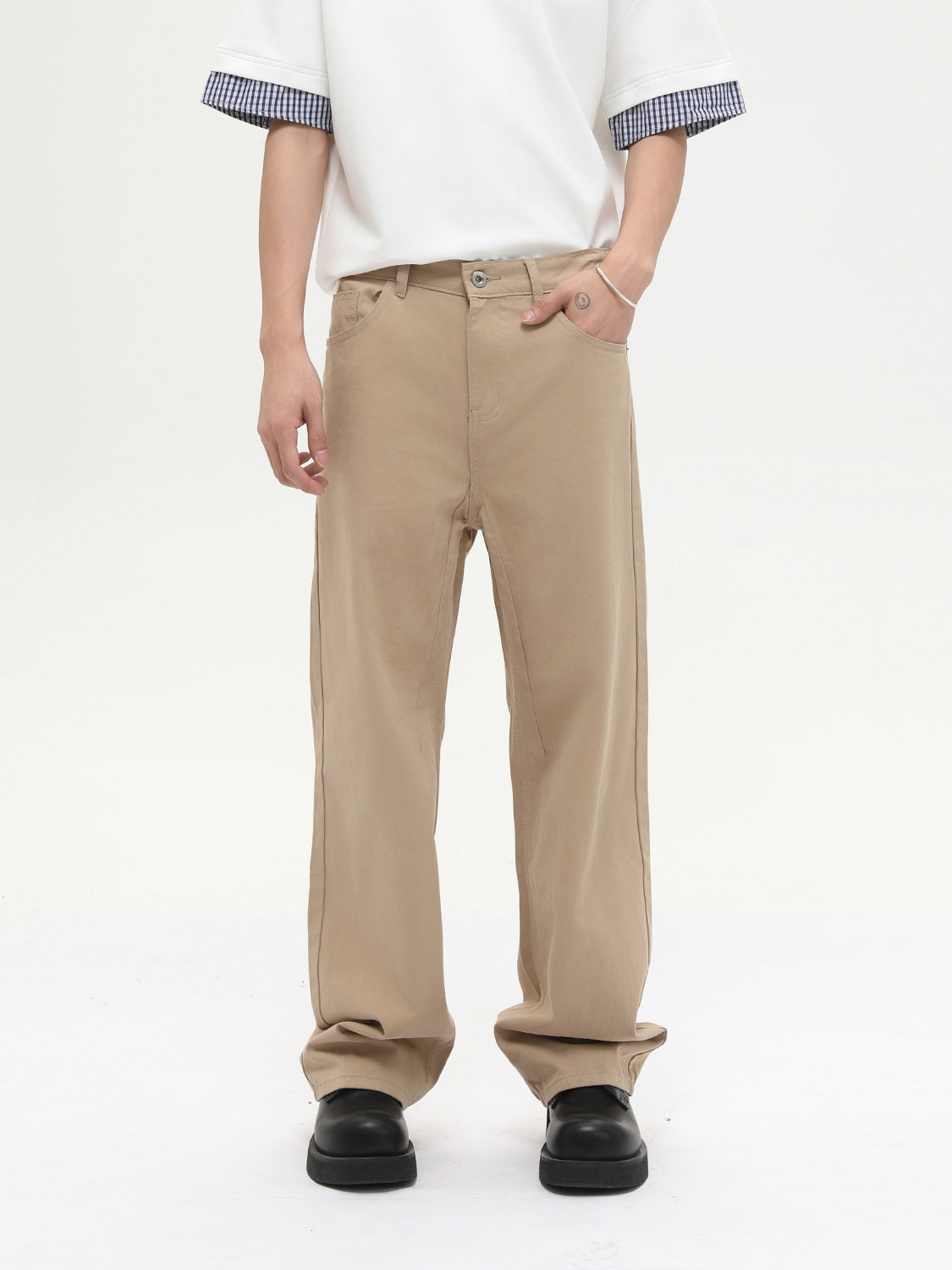 MTLCLOTHES para hombre | Vaqueros lavados sueltos de algodón puro de estilo básico simple de color puro coreano