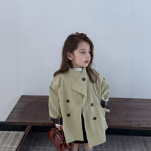 欧美风复古男女童双排扣立领中长款风衣2025秋款拼棕格巴恩风外套