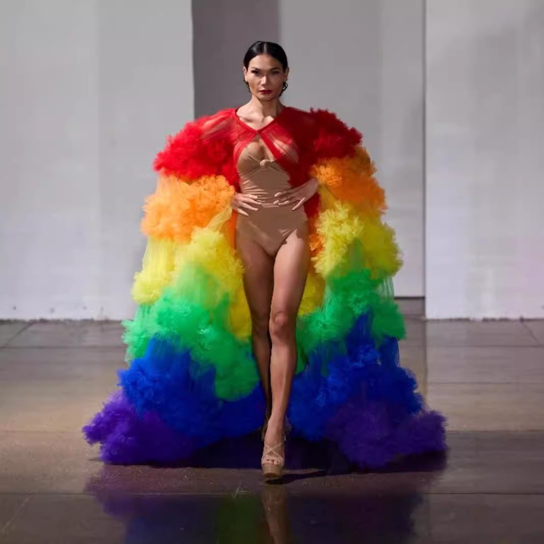 Gorgeous Rainbow Contrasting Color Cake Skirt Outer Prom Dress Catwalk Performance Costume Graduation Cosplay Costume Cloak