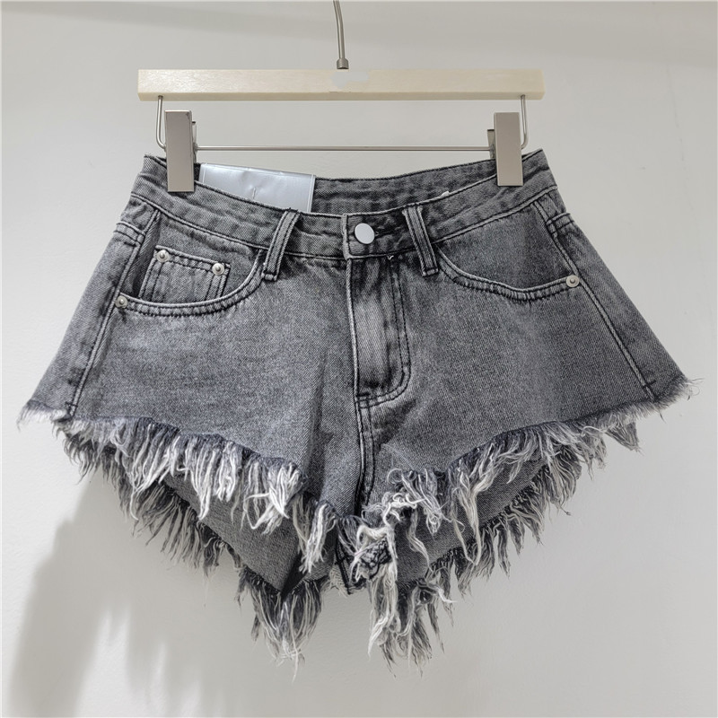 Black and Gray Distressed Washed Denim Ultra-Short Shorts for Women, Ultra-Long Frayed Hem, Low-Waist, Height-Enhancing, Hot Girl Style, A-Line