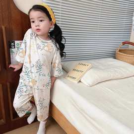 夏季薄款七分袖儿童睡衣套装新中式空调服男童女童2025新款家居服