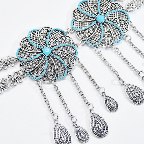 New exaggerated retro metal waist chain turquoise large disc coin tassel hollow flower belly dance waist ornament