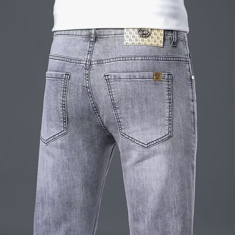 Stretch Diamond Pattern Jeans Men's Smoke Grey Straight Pants Spring and Autumn All-match Slim-fit Skinny Men's Cropped Trousers