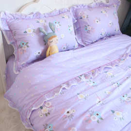 O5Z2韩版公主风荷叶边四件套少女心裸睡紫色被套床单床上