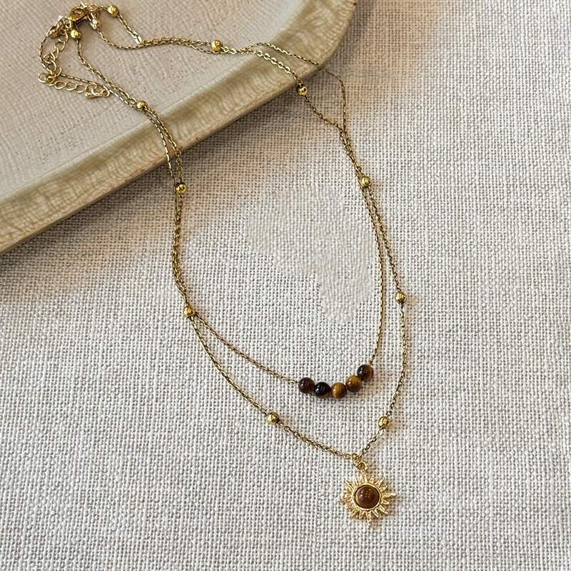 Retro Golden Sunflower Tiger Eye Stone Necklace Women's Niche Design Stacked Sweater Chain Autumn and Winter Clavicle Chain Accessories