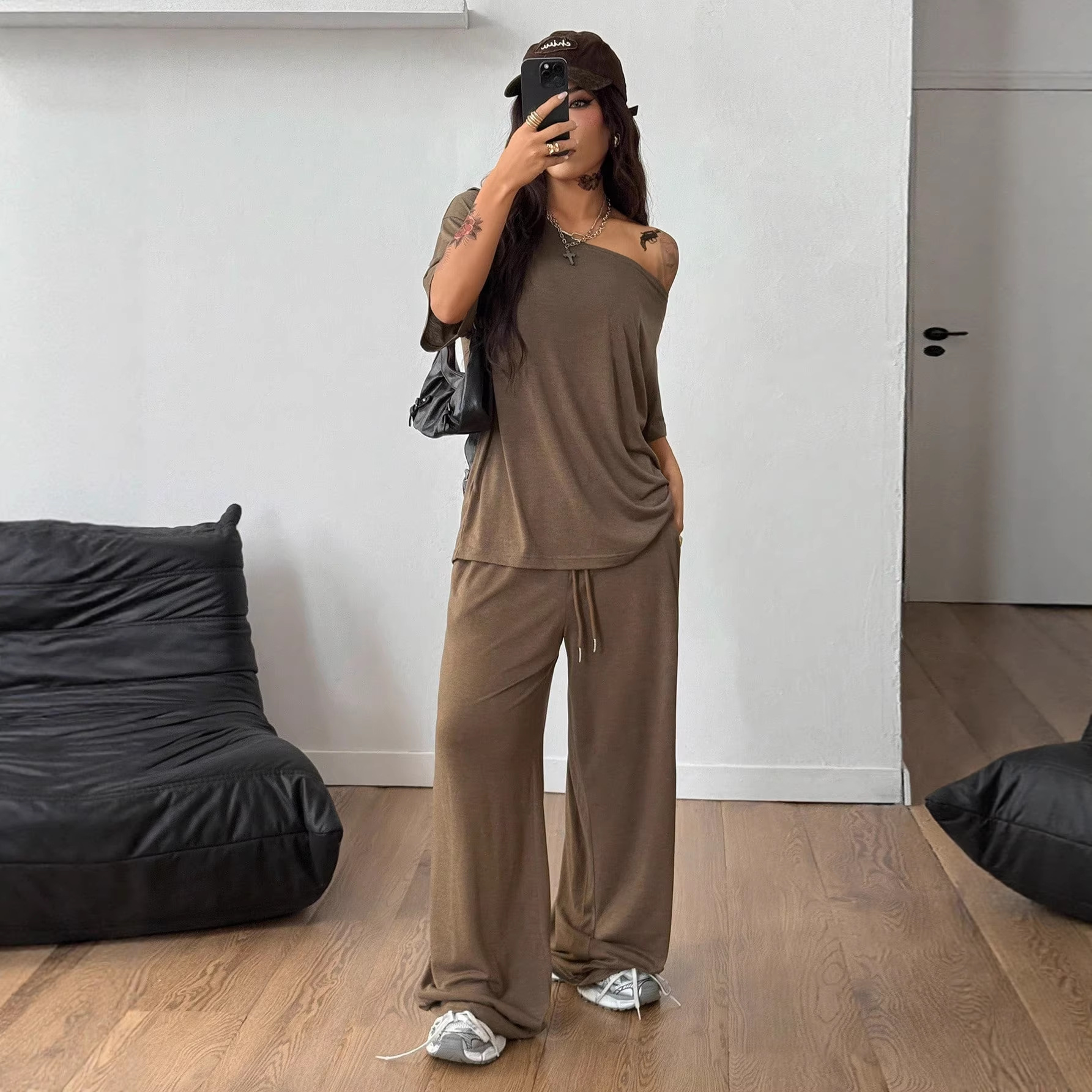 European and American Cross-Border Off-Shoulder Wide-Leg Pants Set 2026 Spring/Summer Women's Casual Sports Short-Sleeve Two-Piece Loose Long Pants Set