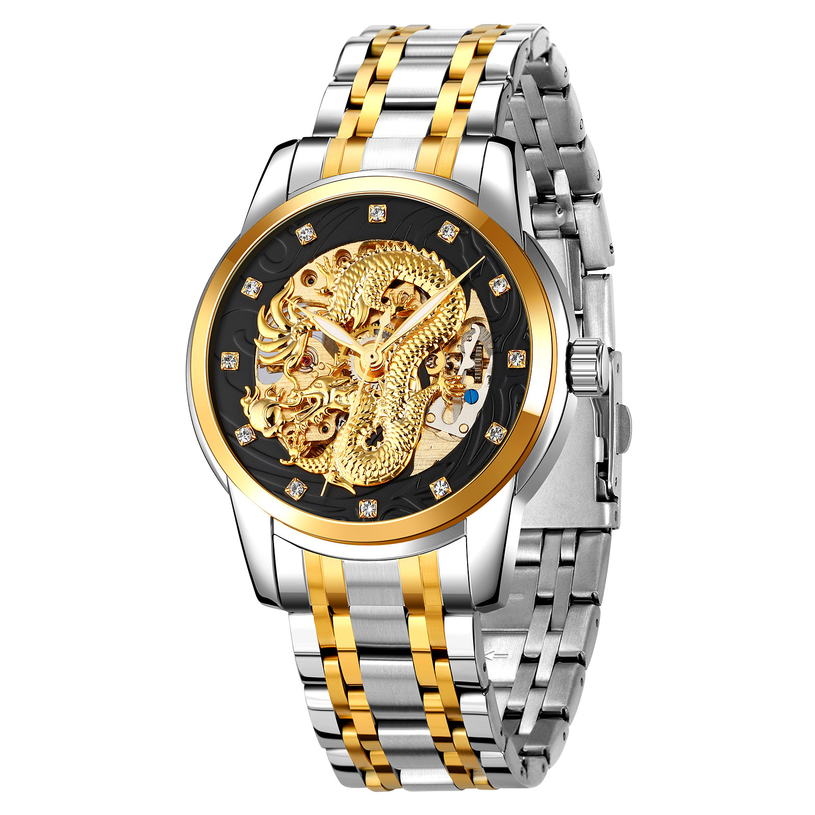 Momento de belleza en relieve de oro dragón penetrante reloj mecánico con diamante correa de acero impermeable reloj de hombre comercial personalizado transfronterizo al por mayor