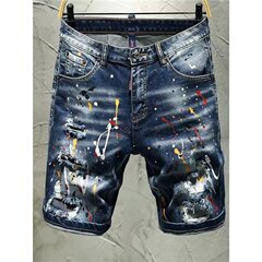 スプラッシュインクペイントドットパッチホールデニムショートパンツメンズ夏薄手5点パンツ韓国風スリムストレッチパンツミッドパンツ