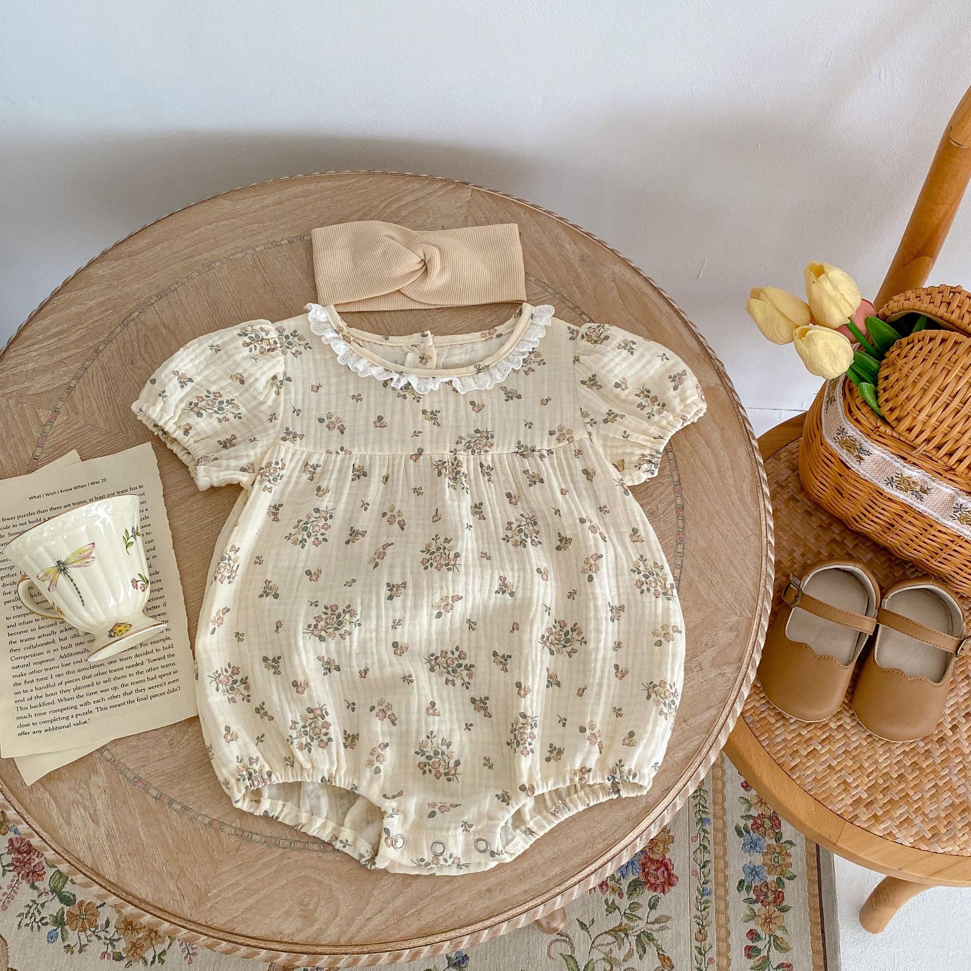 ins summer baby and child one-piece clothes lace baby girl double wrinkle cotton floral short sleeve triangle romper romper