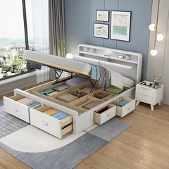 Nordic light luxury solid wood bed master bedroom 1.8m double bed modern minimalist small apartment high box drawer storage bed
