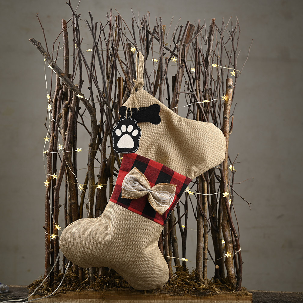 Weihnachtshaube Weihnachtsdekoration Zubehör Leinen Plaid Knochen Socken Weihnachtssocken Kinder Geschenktüte Bonbontüte Baumanhänger_voghion.com