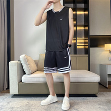 篮球服夏季韩版运动背心套装男大码男装纯色冰丝无袖T恤速干短裤