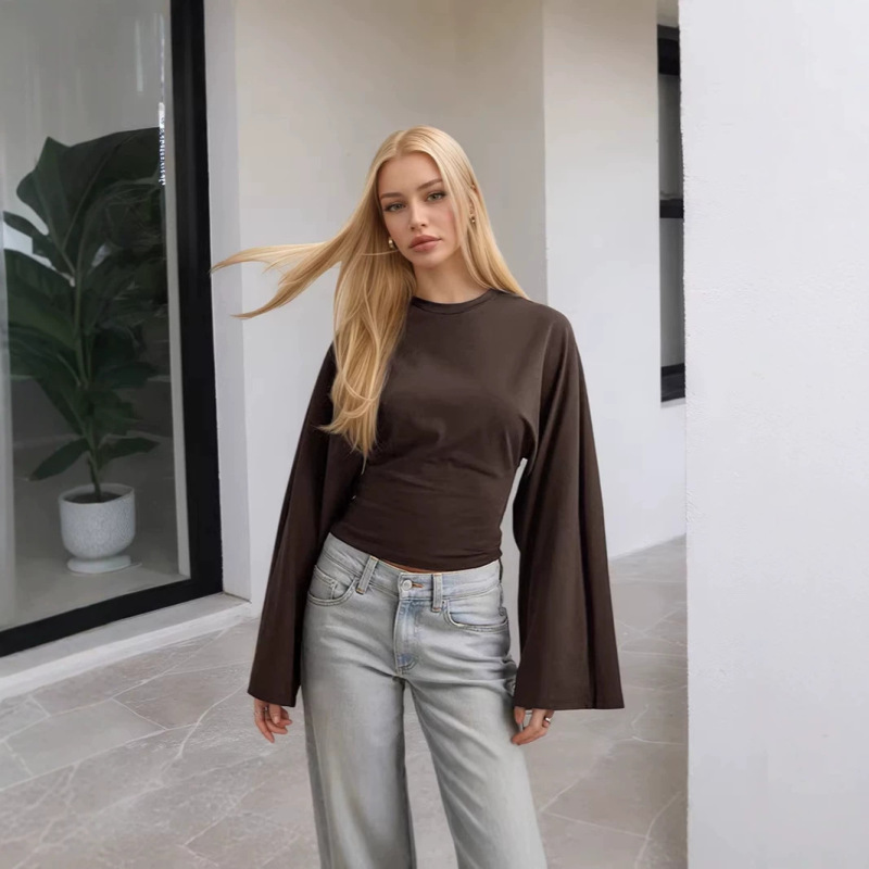 Cross-Border Amazon Slim-Fit Short Pleated Top for Women with Flared Sleeves, Dropped Shoulders, Round Neck, Short T-Shirt, Casual Cross-Border Supply