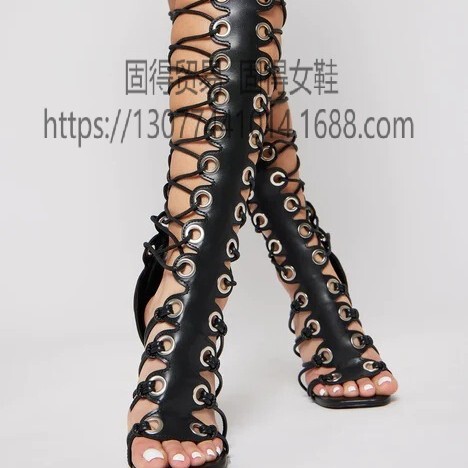 Cross-border Independent Station ins Fashion Show Stiletto Heel Needle Circle Strap Open Toe Over-the-Knee Boots Sandals