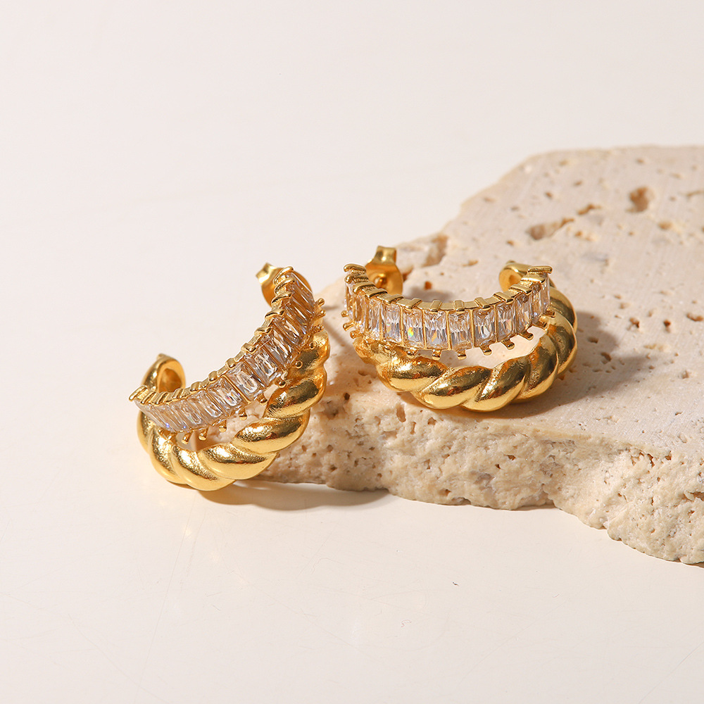 Glam Geometric Stainless Steel Gold Plated Zircon Earrings 1 Pair