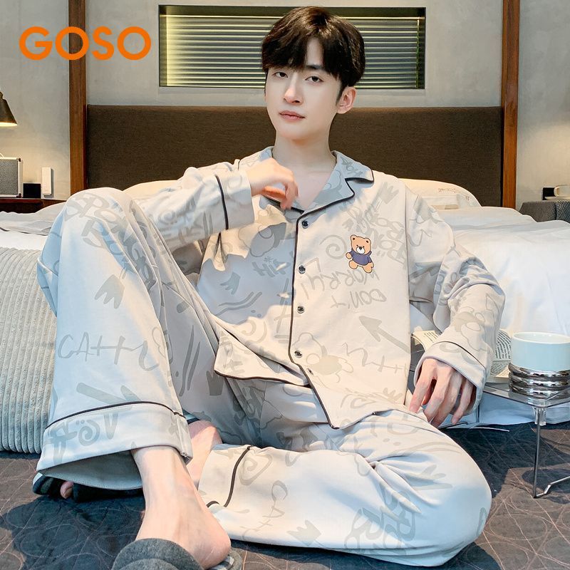 Men's pure cotton pajamas, spring and autumn style, long-sleeved, simple design, large size, suitable for teenagers, can be worn outside, home wear set Men's pure cotton pajamas, spring and autumn style, long-sleeved, simple design, large size, suitable for teenagers, can be worn outside, home wear set