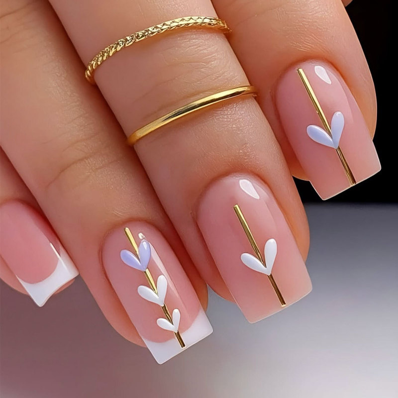 Valentine's Day Nails with White French Edges, Gold Lines, and Heart Patterns, Reusable Fake Nail Art Stickers Valentine's Day Nails with White French Edges, Gold Lines, and Heart Patterns, Reusable Fake Nail Art Stickers