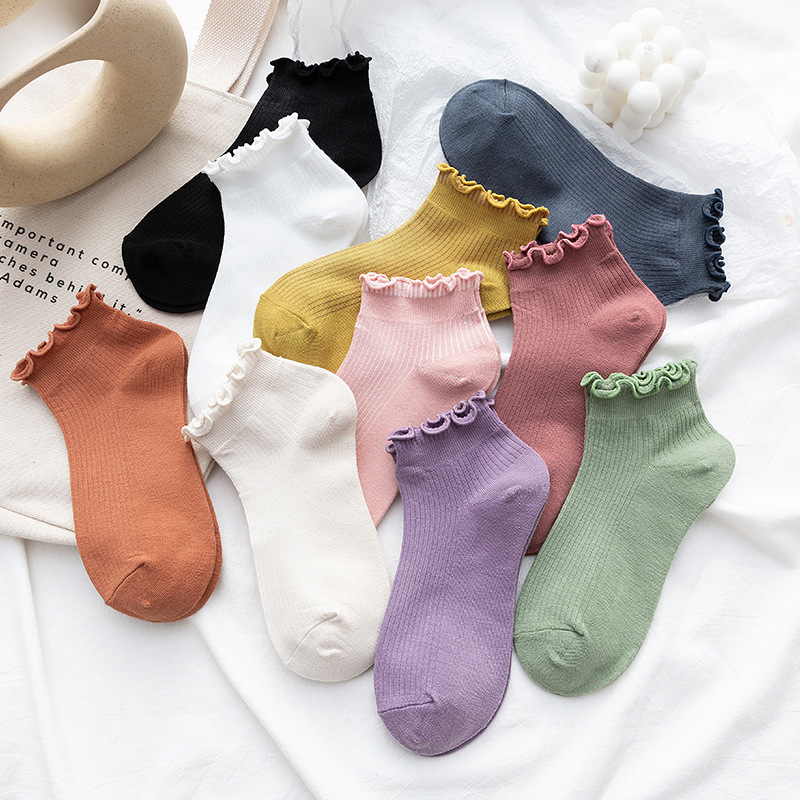 Women's socks spring and summer wooden ear loose women's socks all-match candy color solid color socks trendy lace ankle socks women's cotton socks