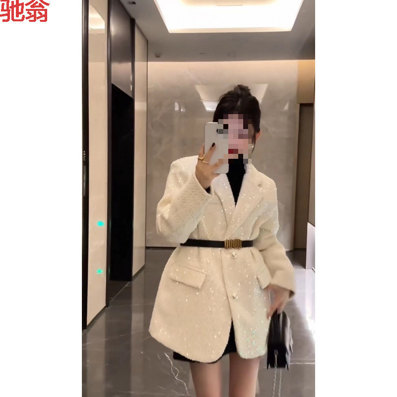 T8Y large sequin shiny Chanel-style padded blazer for women, vintage wool tweed, elegant and gentle