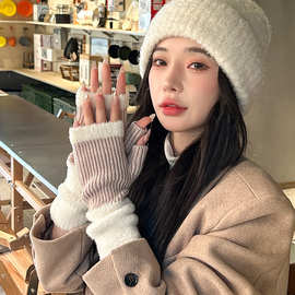 2024新款韩版半指秋冬保暖手套露指拼色护手腕女针织手套