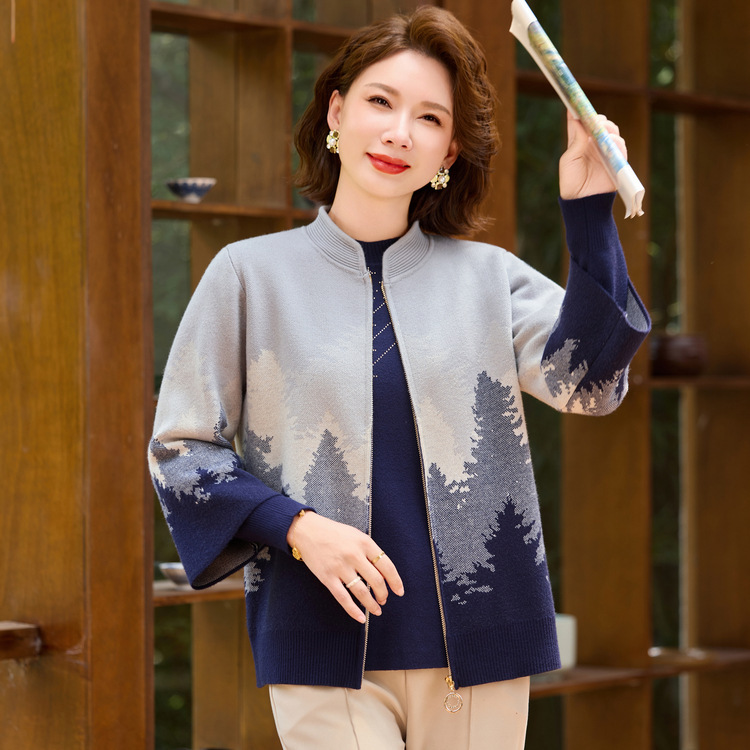 妈妈秋装新款针织开衫两件套装中老年女春秋冬季时尚国风毛衣外套|undefined