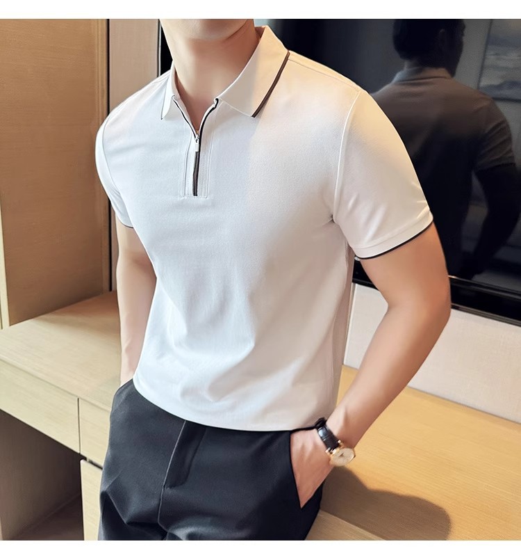 "Men's Slim-Fit Zip Polo Shirt – Breathable Cotton Short Sleeve With Embroidered Detail, Business Casual Summer Top (3 Colors, Sizes M-XXXXL)"_viptrois.com