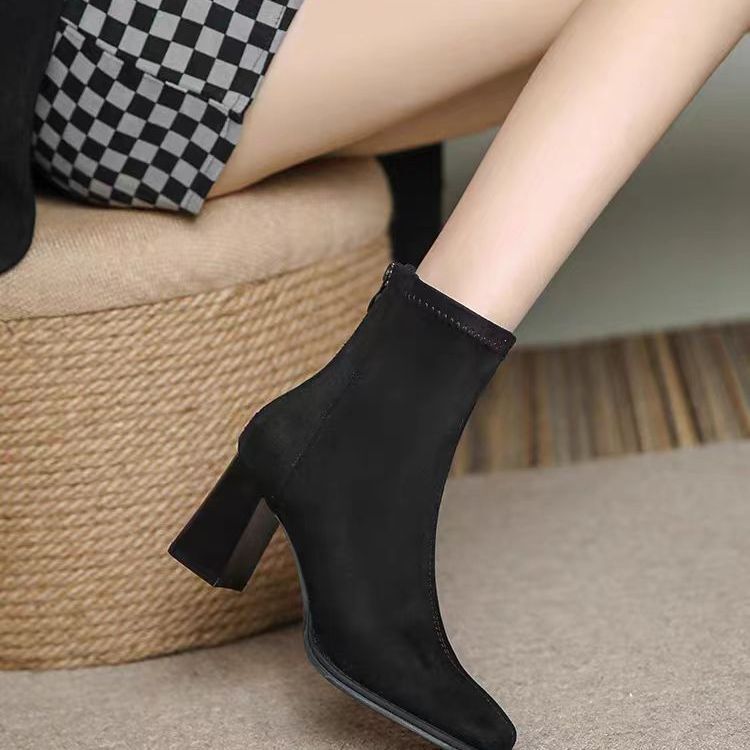 Suede Thick-Heeled High-Heeled Shoes, Small Short Boots for Women, Autumn and Winter New Chelsea Frosted Square-Toe Slim Boots Plus Velvet for Men