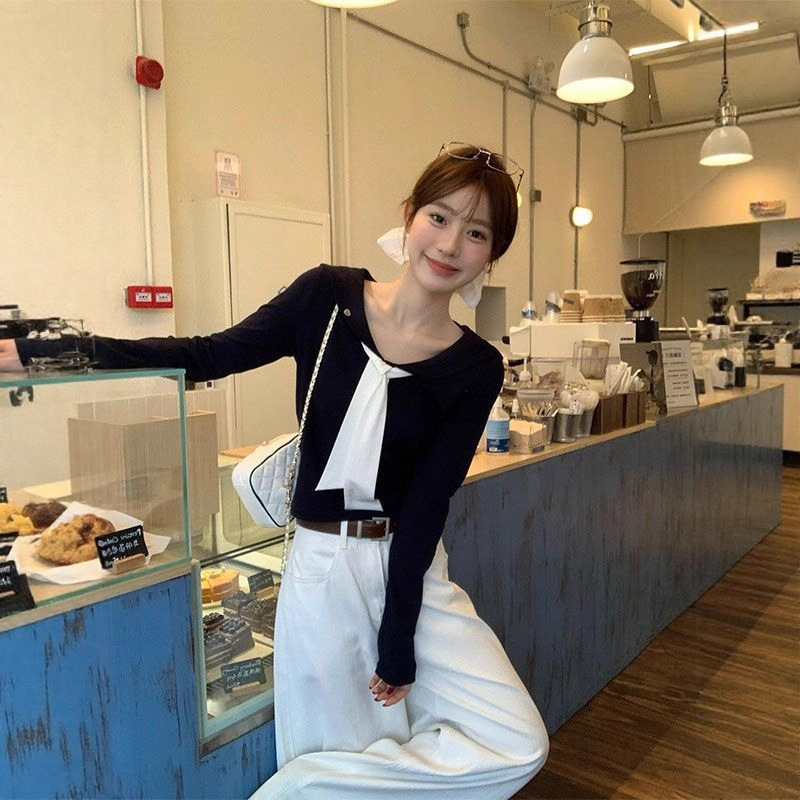 设计感娃娃领绑带长袖t恤女内搭短款修身早秋单穿韩系chic小上衣|undefined