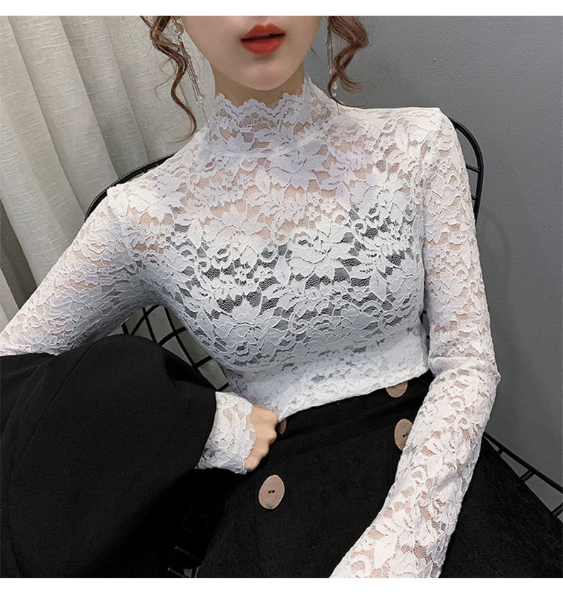 Haut col montant en dentelle transparente – Chemisier élégant à découpes florales et manches pétales (M-XXL, blanc/noir/nude, polyvalent du bureau au dîner)_voghion.com