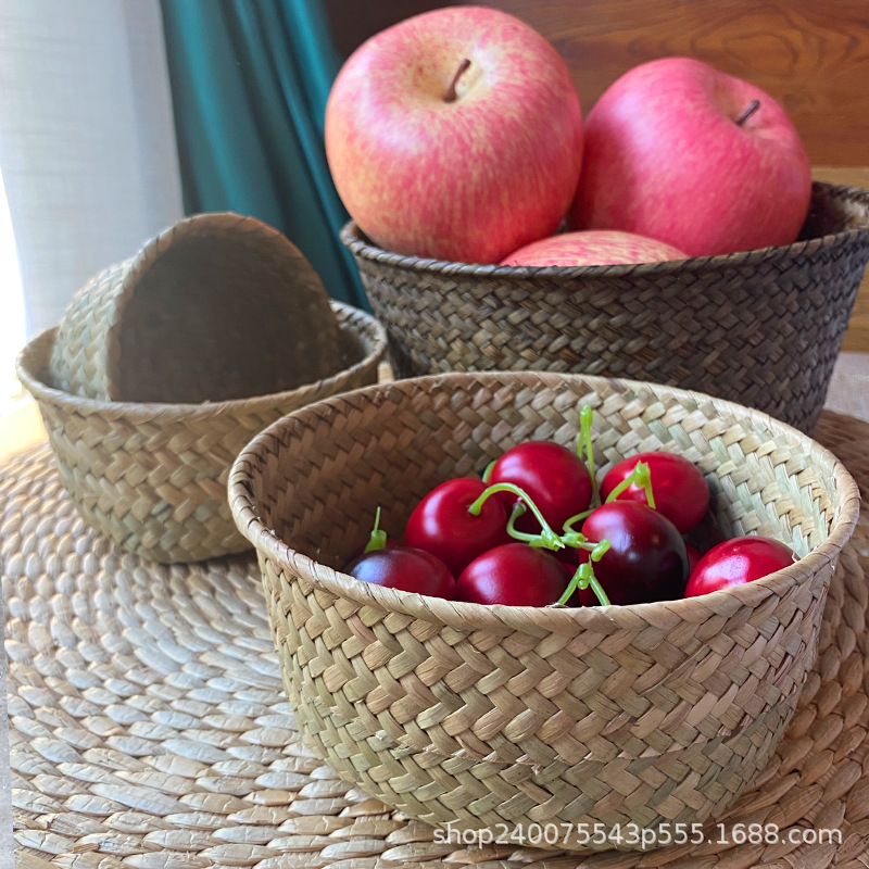 Cesta de almacenamiento de tejido natural de algas marinas creativa red roja olla caliente de cocinas de verduras cestas redondas de mesa almacenamiento de artículos diversos