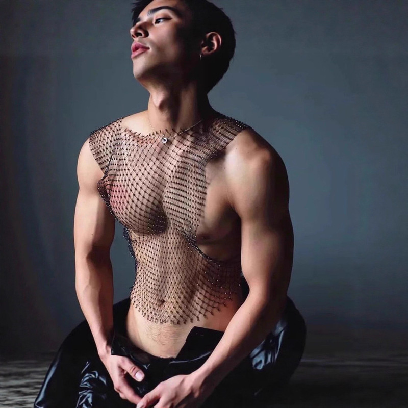 Sparkling Diamond Sexy Men's T-Shirt Half Vest Top Transparent See-Through Versatile Fishnet Nightclub Performance Mesh Black