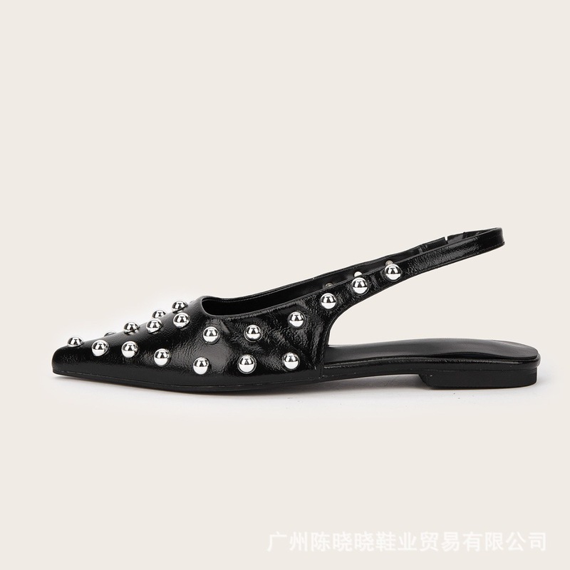 黑色尖头平底铆钉时尚百搭法式一字带女外穿后空凉鞋女|undefined