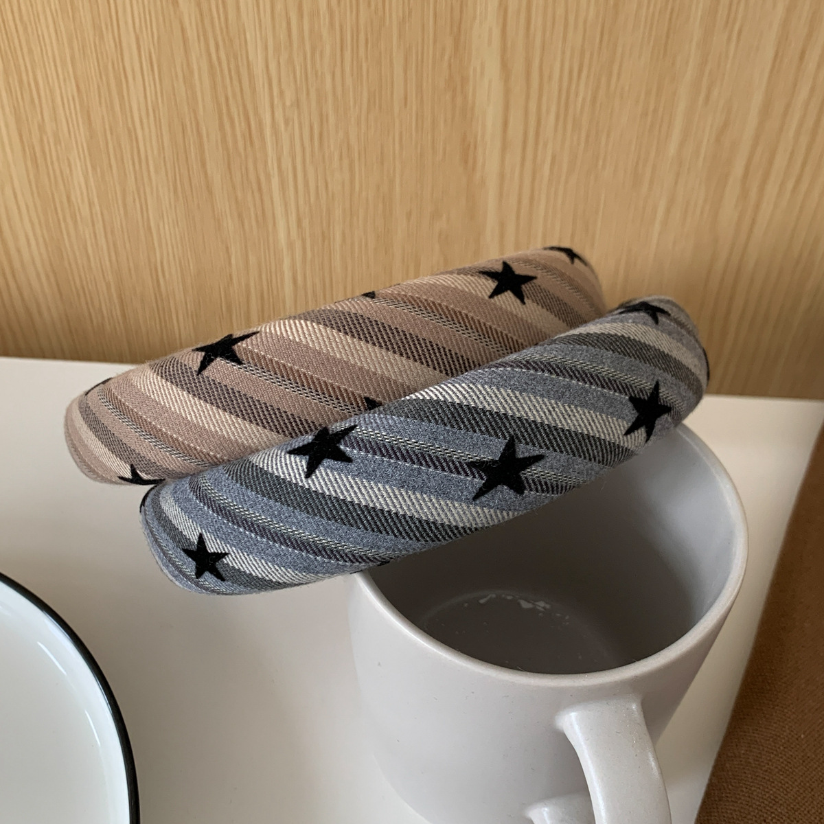 Retro flocado estrellas rayas esponja banda de cabello de la niña de borde ancho banda de cabeza de cráneo alto para presionar el cabello nuevo