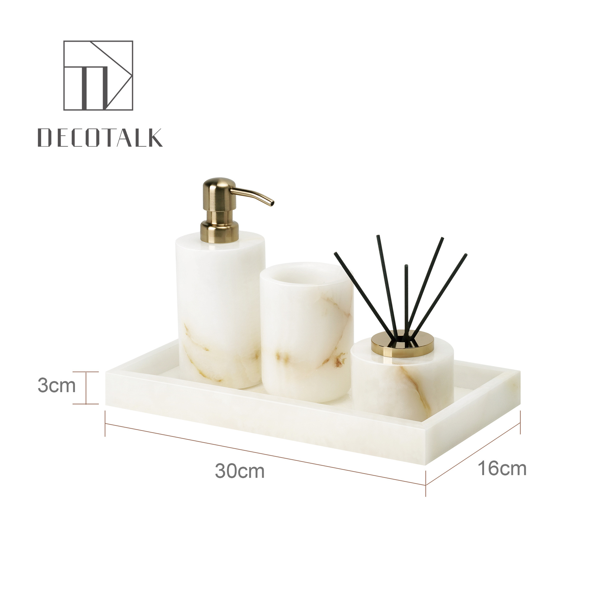 DecoTalk, lujo ligero, estilo antiguo, jade blanco, mármol natural, kit de lavado de baño, bandeja de caja de pañuelos de aromaterapia