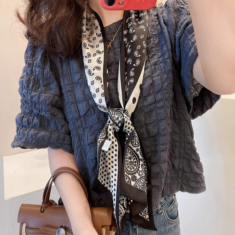 100%桑蚕丝真丝缎面15*145黑白腰果长巾女夏季款经典波点双层丝巾|undefined