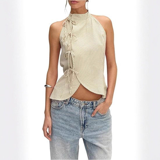 Amazon 2025 European and American Cross-Border Women's Stripesd Front Lace-Up Strapless Backless Asymmetrical Hem Vest Shirt