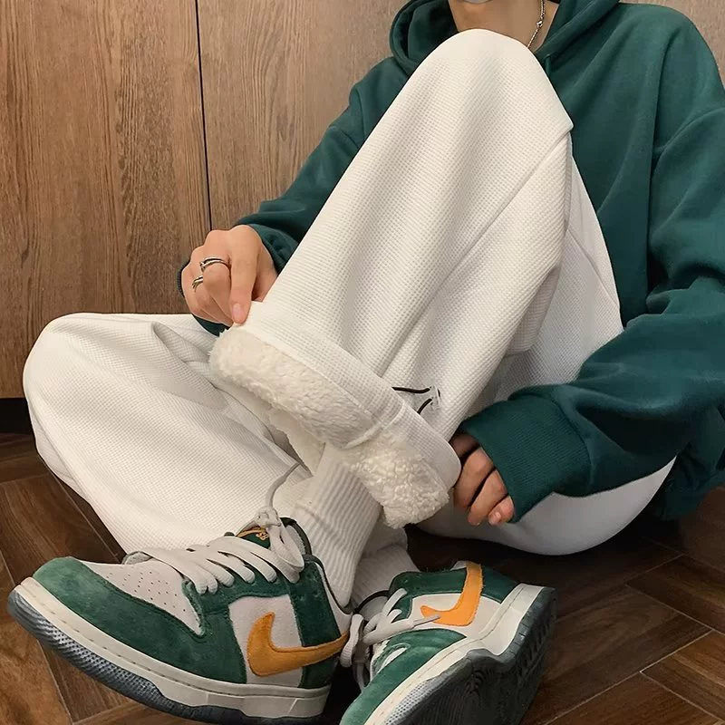 Джоггеры из овечьего флиса, Мужские осенне-зимние утепленные брюки на флисовой подкладке, модные брендовые Свободные теплые брюки больших размеров с широкими штанинами, мужские хлопковые брюки