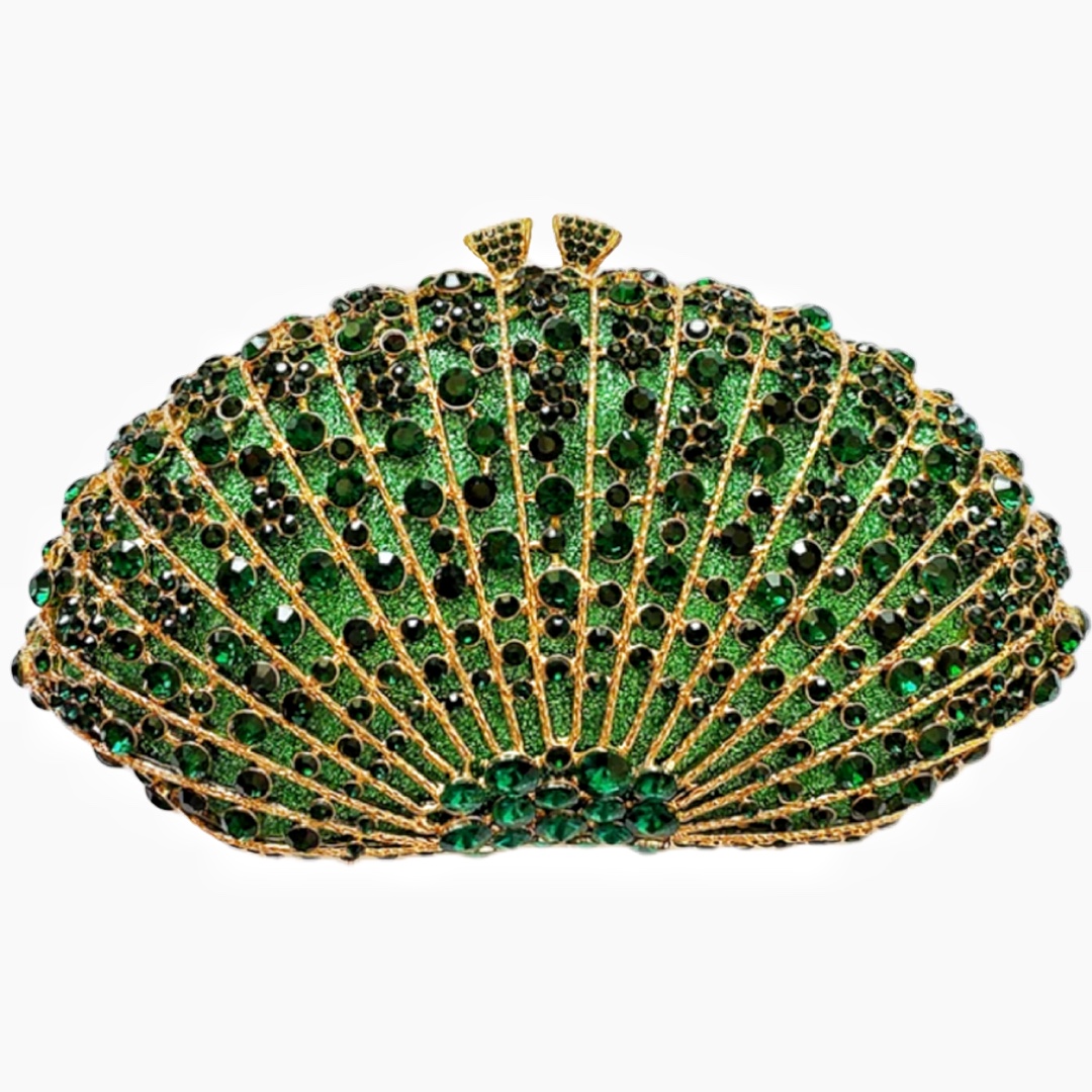 Túi clutch nữ đính đá hình quạt dạ tiệc cao cấp — Vàng Pha Lê, Tím đậm, Đỏ tím, Nền vàng kim cương trắng