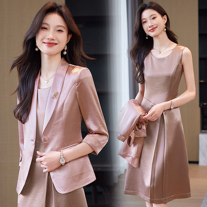Cross-Border Professional Suit Set for Women, New Summer Thin Acetate Satin Blazer Dress Two-Piece Set