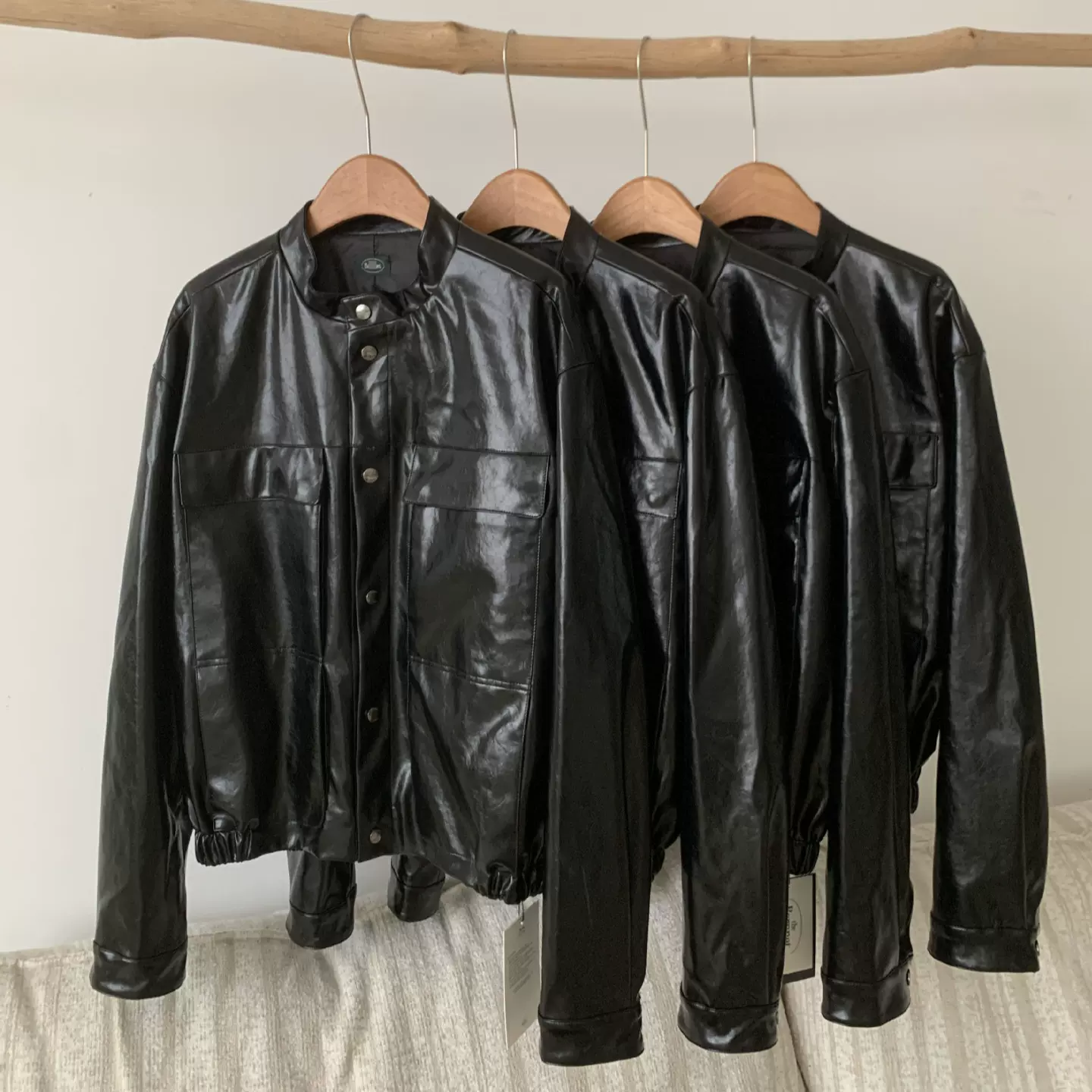 现货2025秋季新韩国东大门宽松气质复古立领单排扣黑色皮衣外套女