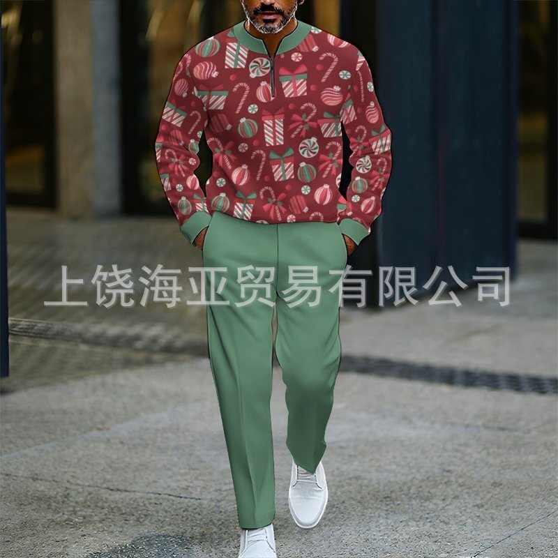 2025欧美跨境外贸秋冬热卖新款男士圣诞节数码打印套装男卫衣两件|undefined