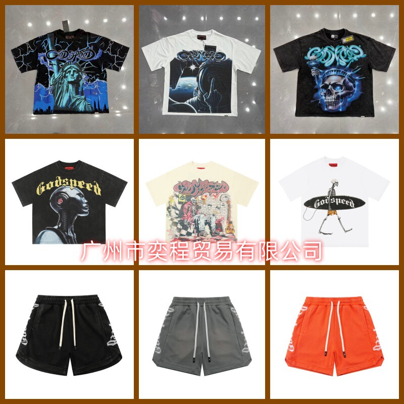 Cross-Border Trendy Brand Foreign Trade God Skull Letter Print Washed Casual Short-Sleeve Tee Unisex High Street Shorts Cross-Border Trendy Brand Foreign Trade God Skull Letter Print Washed Casual Short-Sleeve Tee Unisex High Street Shorts