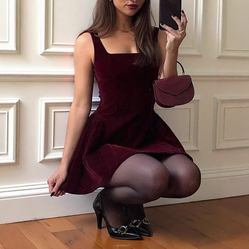Women's Clothing Independent Brand French Elegant Fashion Date Outfit Velvet Strap Dress Sexy Bandage Hollow-Out Waist-Cinching Dress