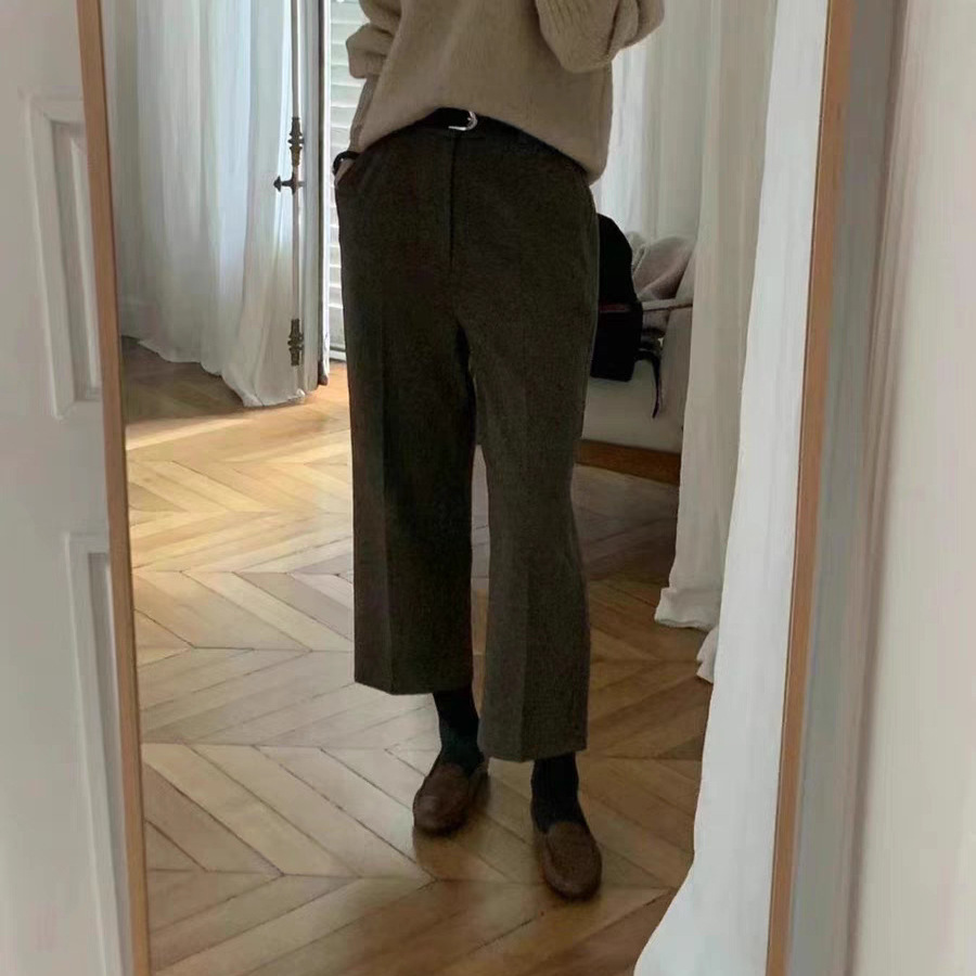 现货 2025冬季新款韩国东大门OU*CE高腰直筒休闲宽松羊毛九分裤女