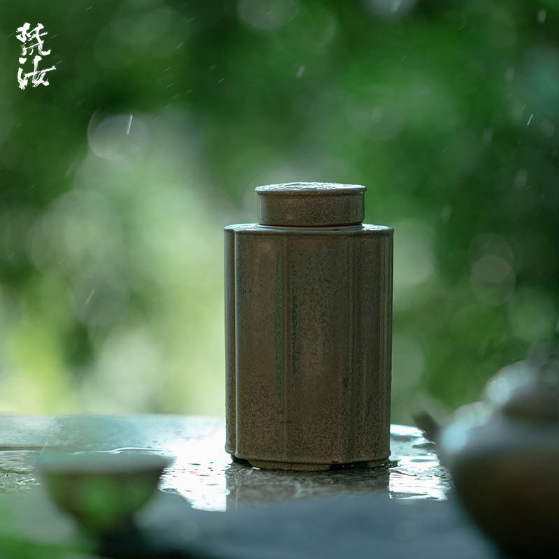 梵汝 纯手工茶色日式家用海棠陶土茶叶罐茶道配件密封罐存茶罐