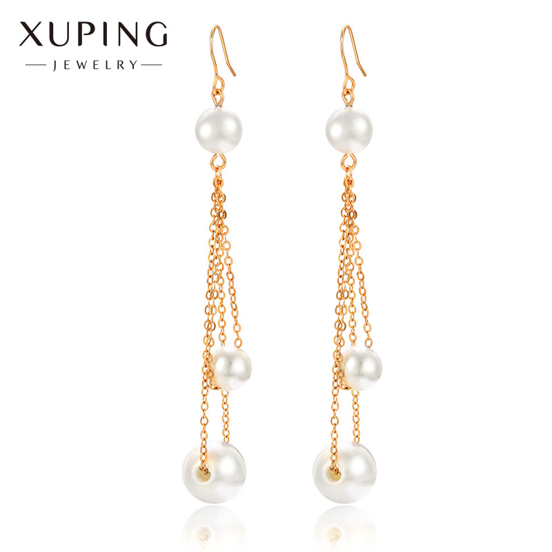 Pendientes largos de borla con perlas de imitación de Xuping, pendientes vintage de alta gama con aleación de oro de 18K para mujer, para verano.
