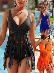 European and American cross-border new women's split swimsuit solid color plus fat large size tassel sexy bikini swimsuit bikini