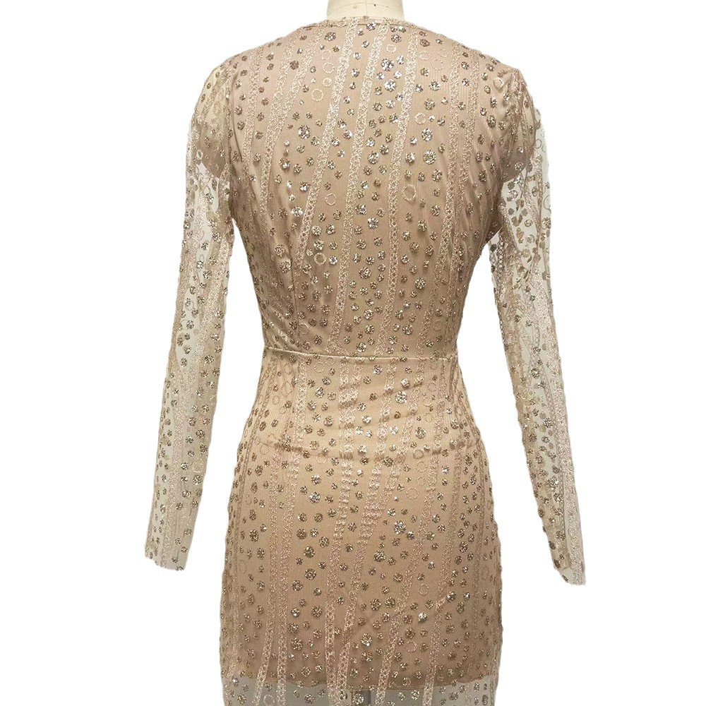 Women's Clothing Deep V See Through Bodycon Dress Gold Flecked Long Sleeved Evening Gown Sexy Party Wear_ecoleips.com