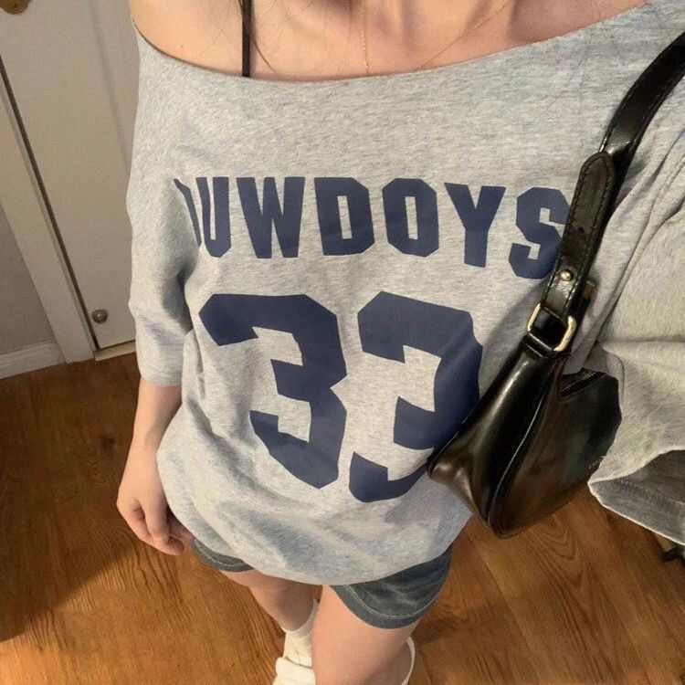 Gray Printed Right Shoulder Short-Sleeved Women's T-Shirt Summer New Sexy Off-Shoulder Slim Loose Retro Slanted Shoulder Top