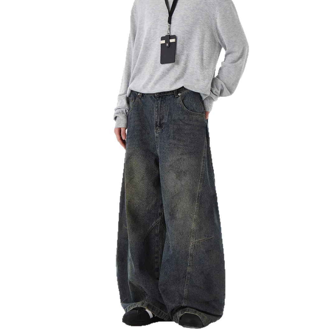 American Niche Deconstructed Washed Scimitar Jeans Men's Design Sense Casual Baggy Wide-Leg Pants Ins_mkmklike.com